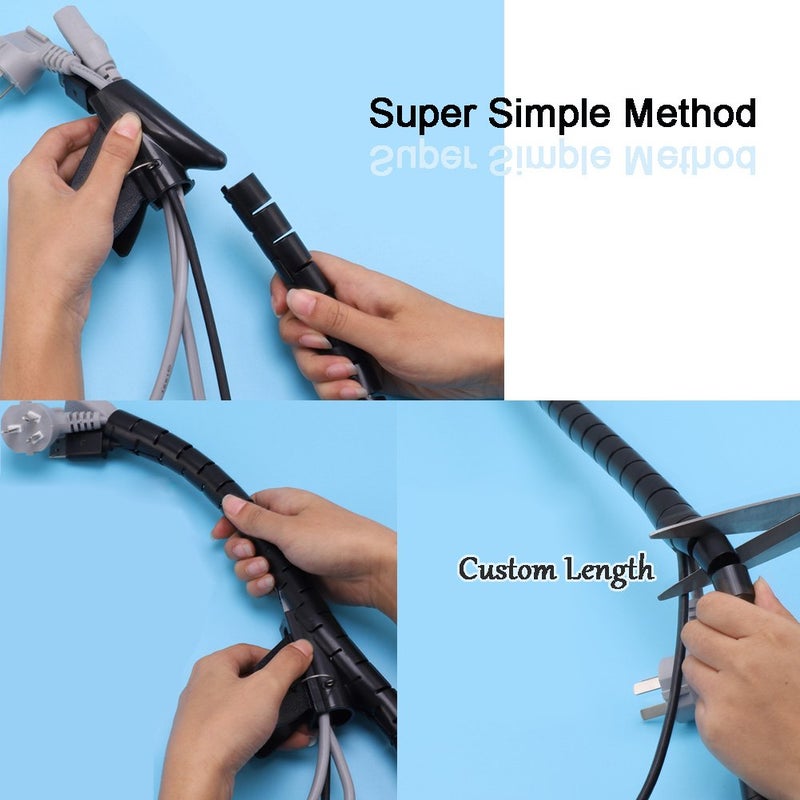 VIWIEU Black Computer Cable Management Wire Cover Electrical Cord Hider Solutions 2 PCS, VIWIEU Tangle Sprial Cable Tube with 4 Adhesive Cable Clips for TV Laptop Floor Home & Office - Image 3